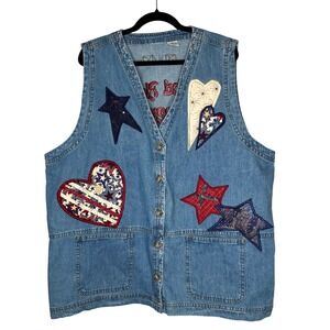 VTG Women's 2X Denim Vest Hearts American Flag Embroidered God Bless America‎